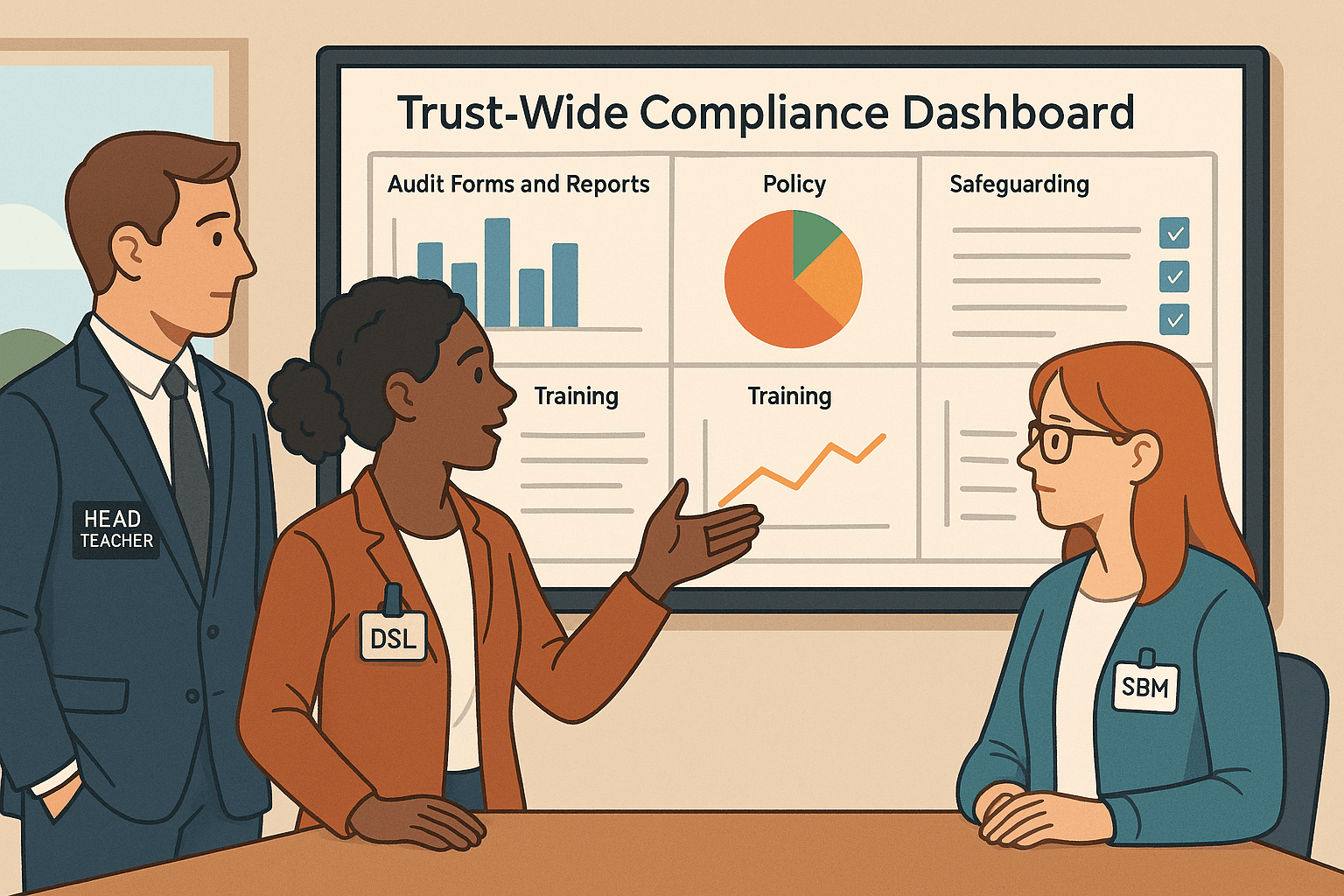 Illustration of school leadership team looking at a compliance dashboard together