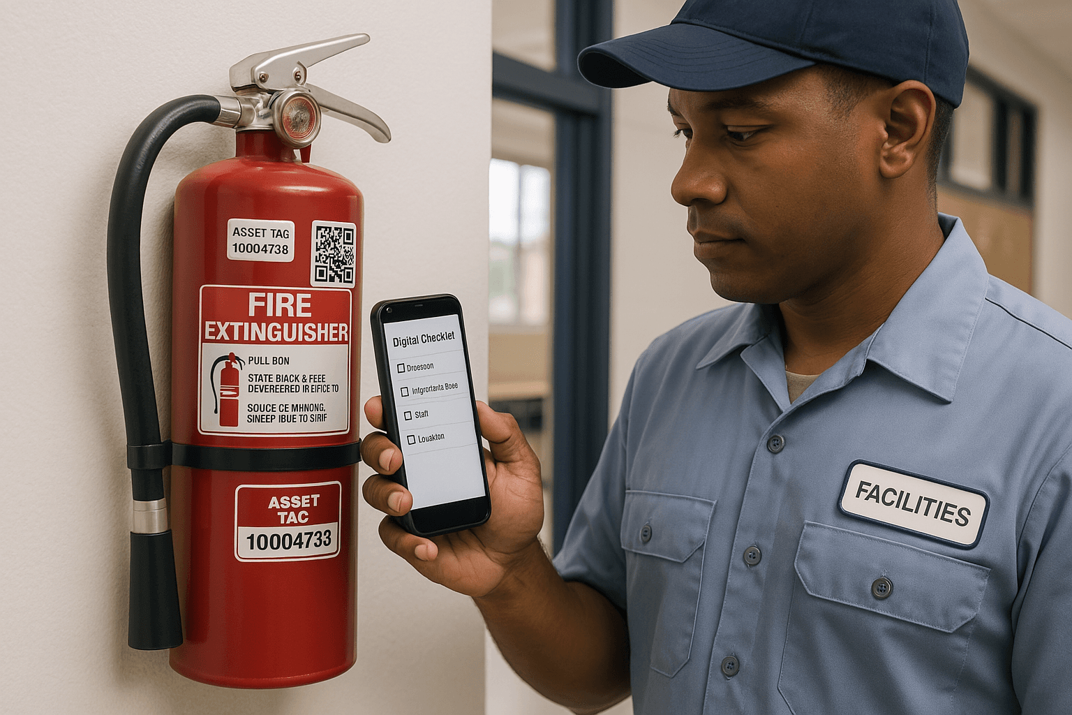 Facilities team scanning QR code on a fire extinguisher