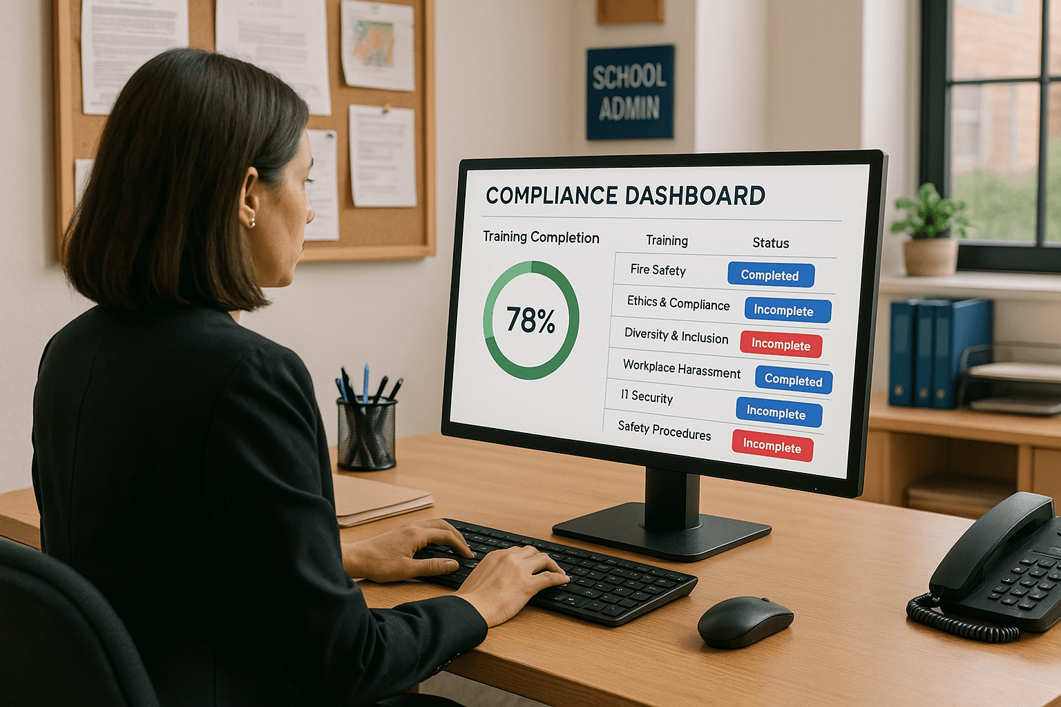 HR staff member checking training completion status on a dashboard