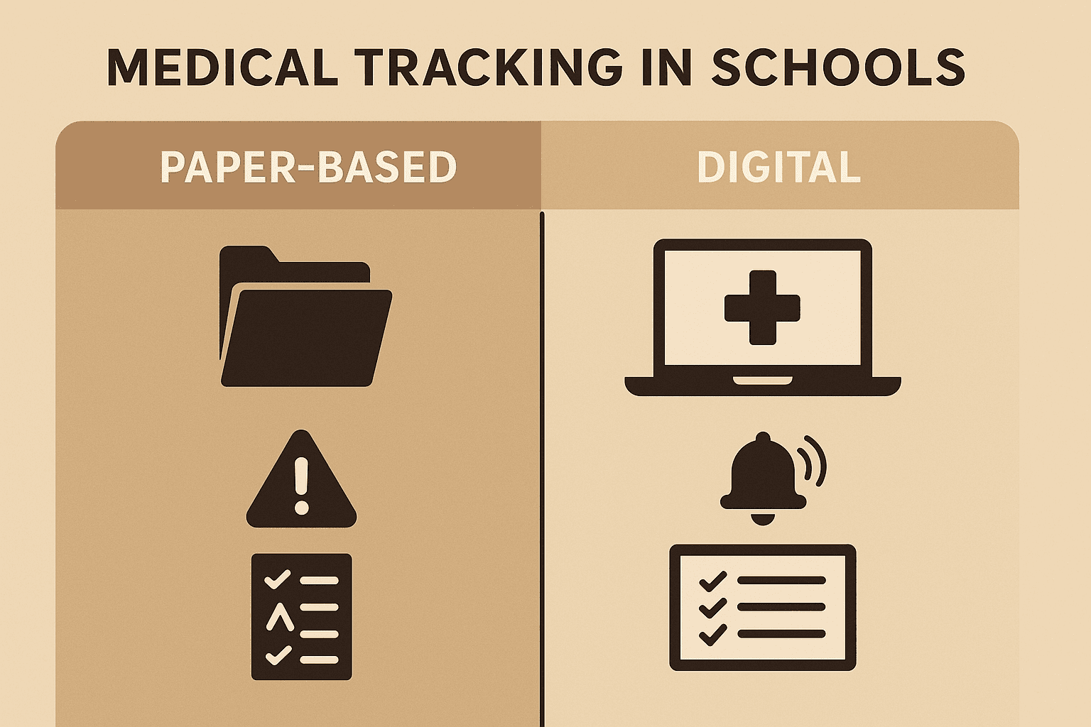 Infographic showing digital vs paper tracking of student medical needs