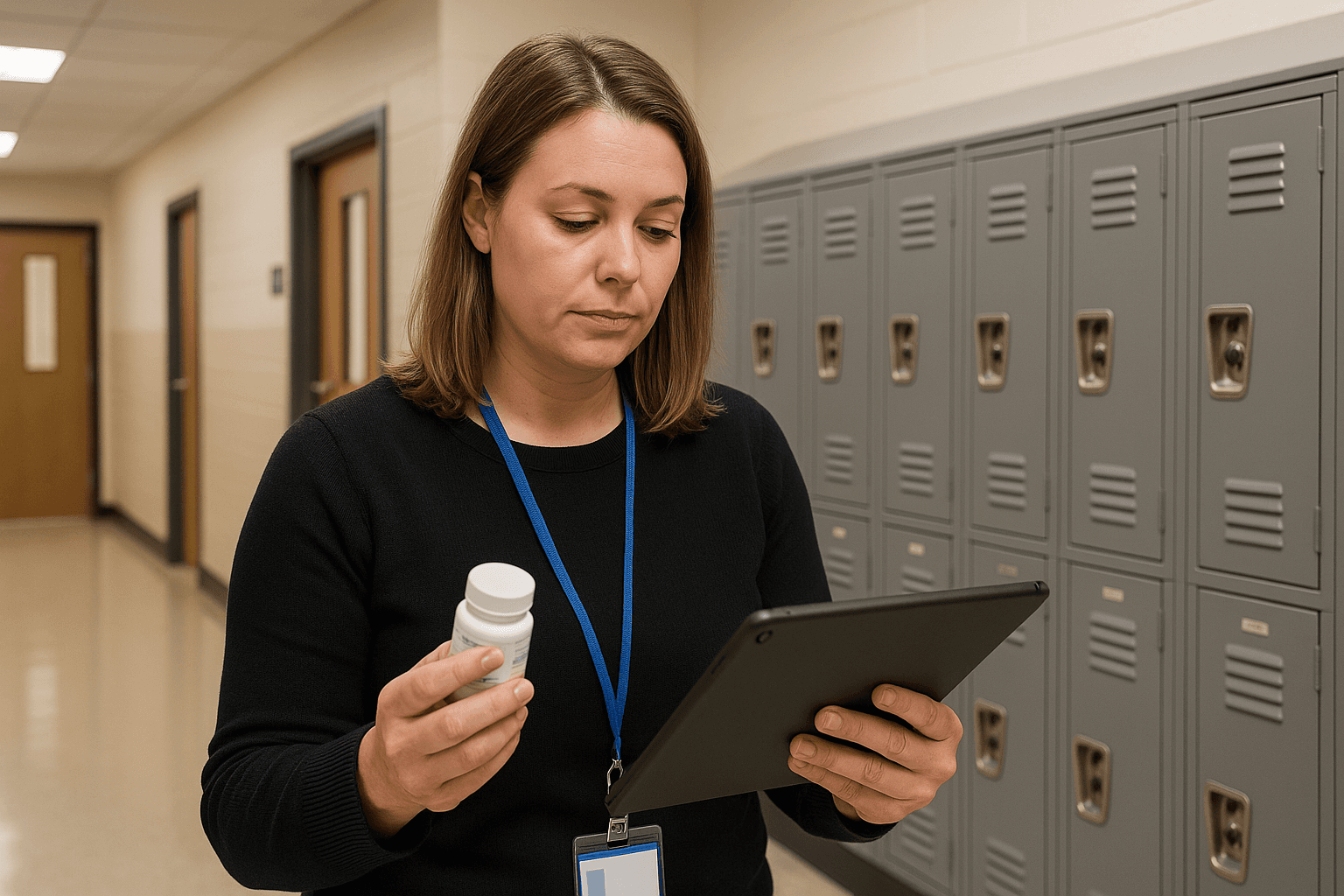 Illustration of staff using a mobile device to log medication for a student