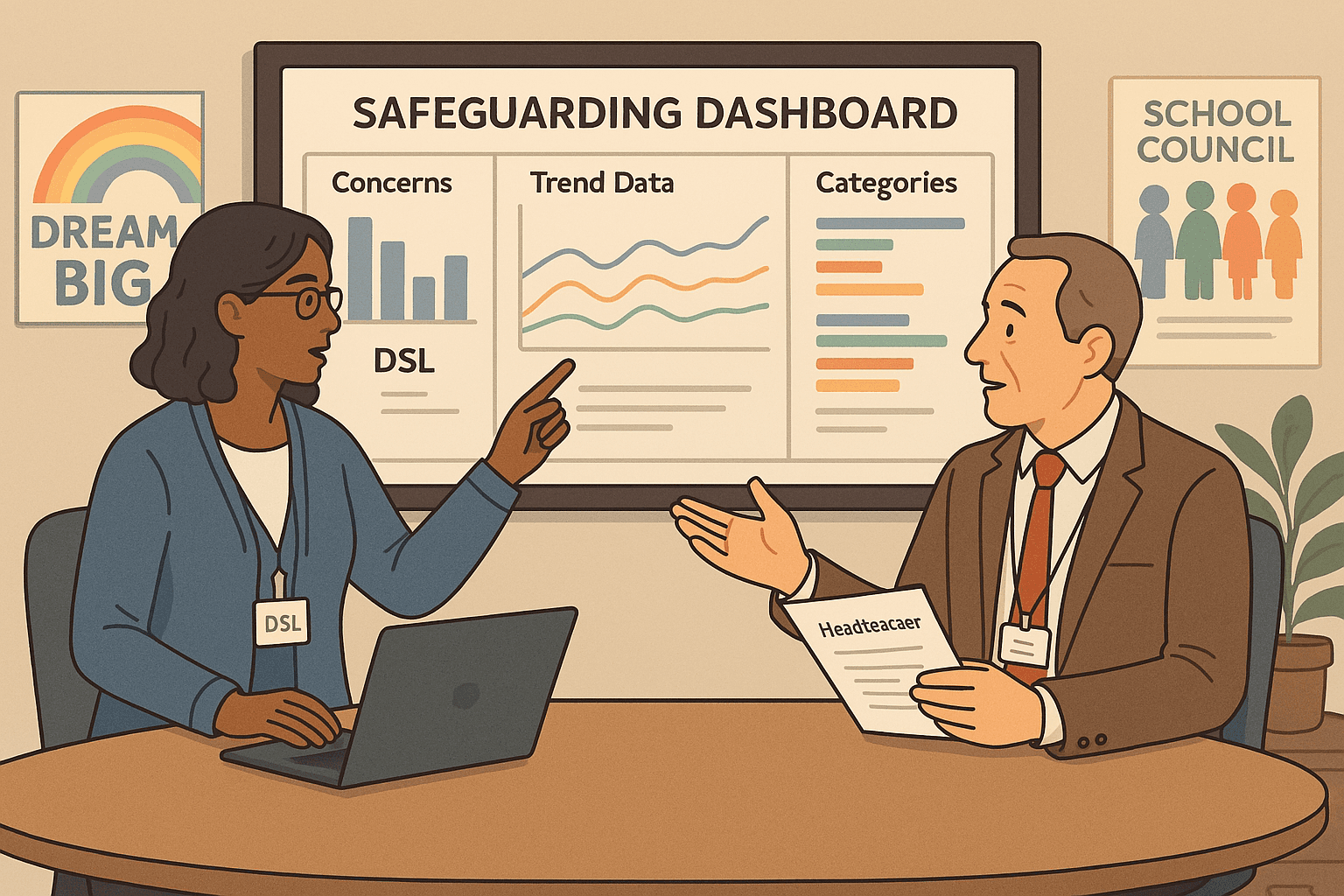 Illustration of a DSL and headteacher discussing trends on a safeguarding dashboard