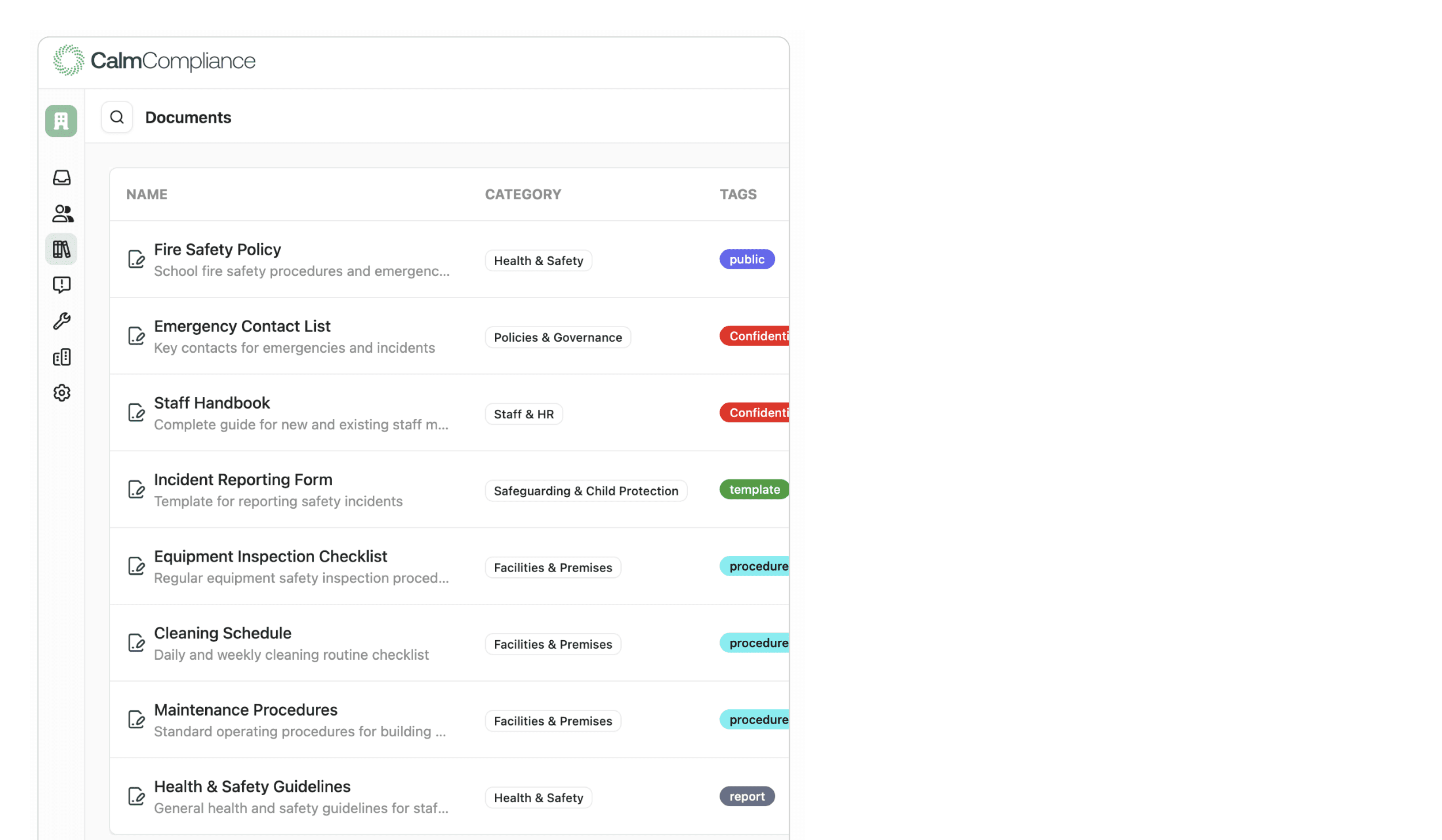 Safeguarding dashboard showing documentation management and risk monitoring