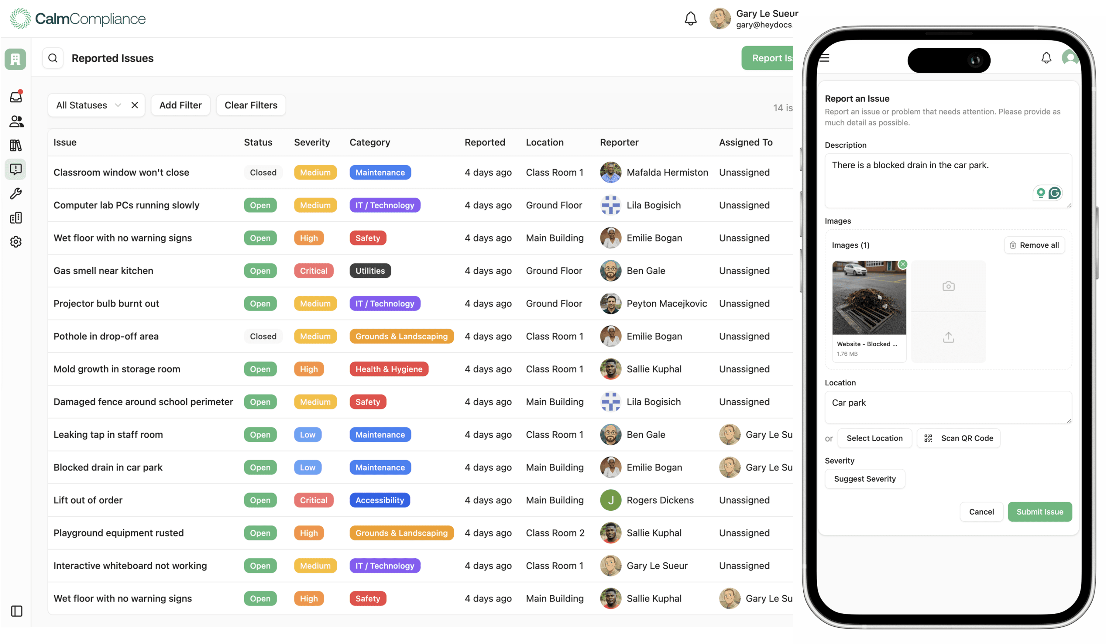 Care compliance dashboard showing risk management and safeguarding tools