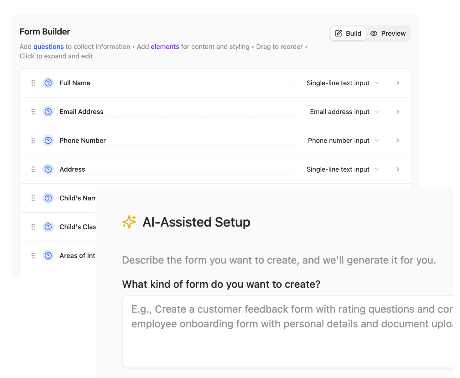 Dynamic forms interface with customizable fields and layouts