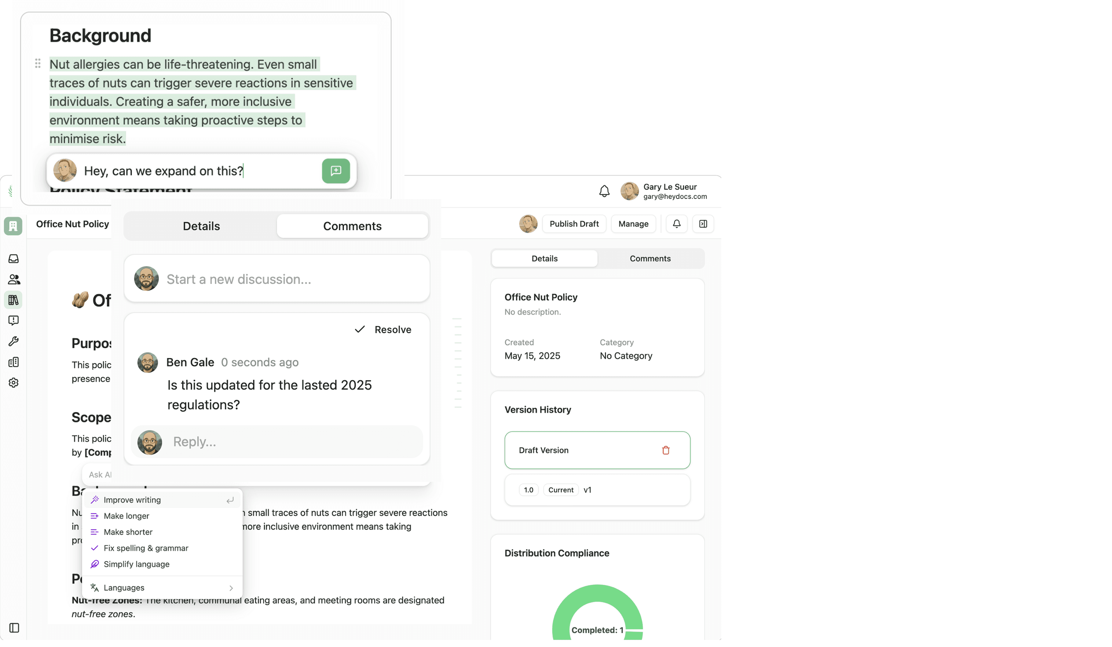Policy management system showing collaborative editing interface