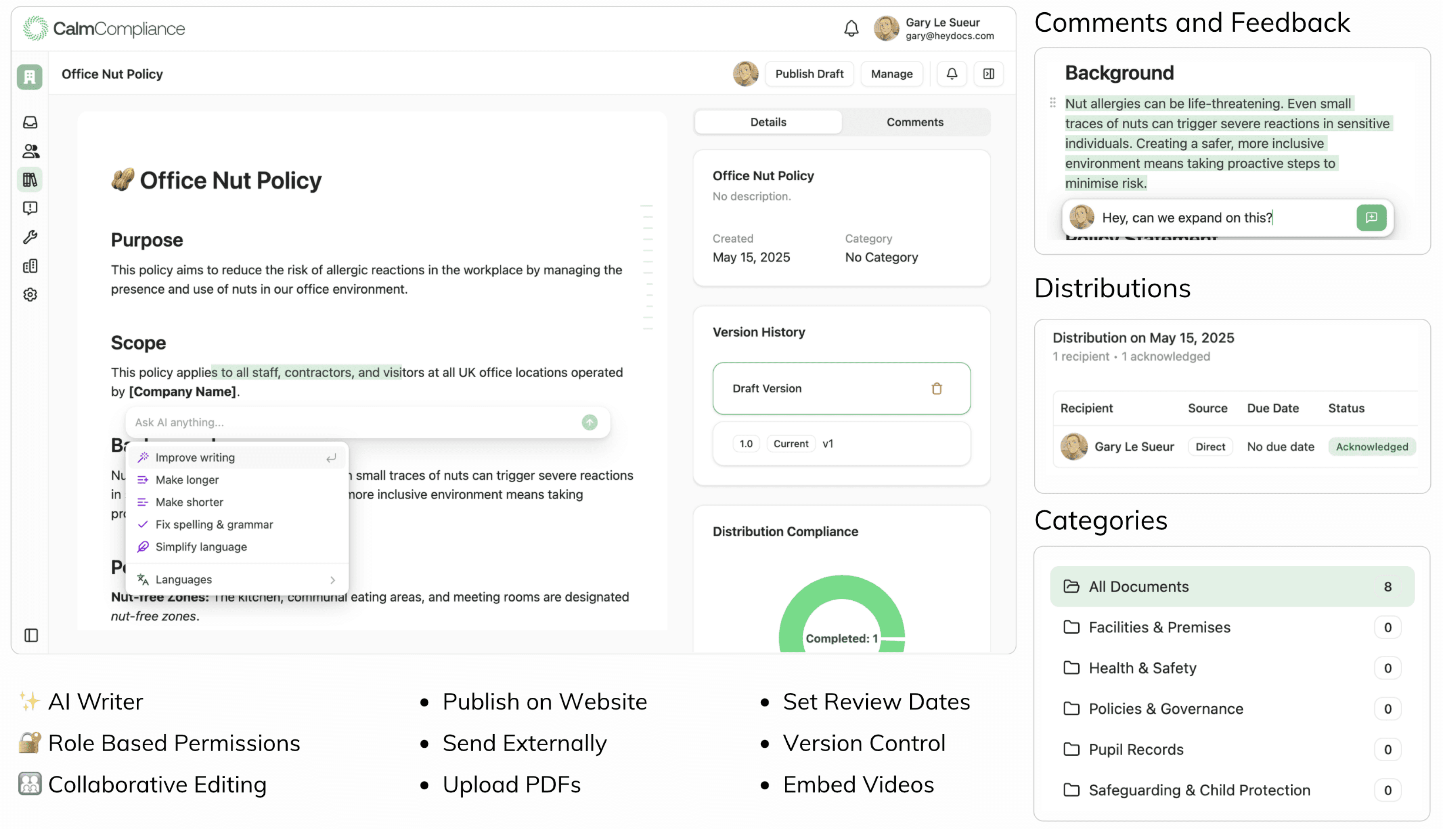 Policy management system showing document control and compliance features