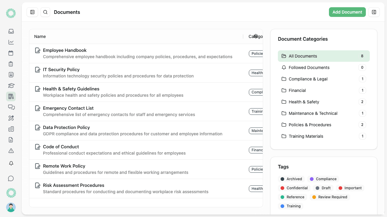 Document list showing policies with acknowledgement status and timestamps