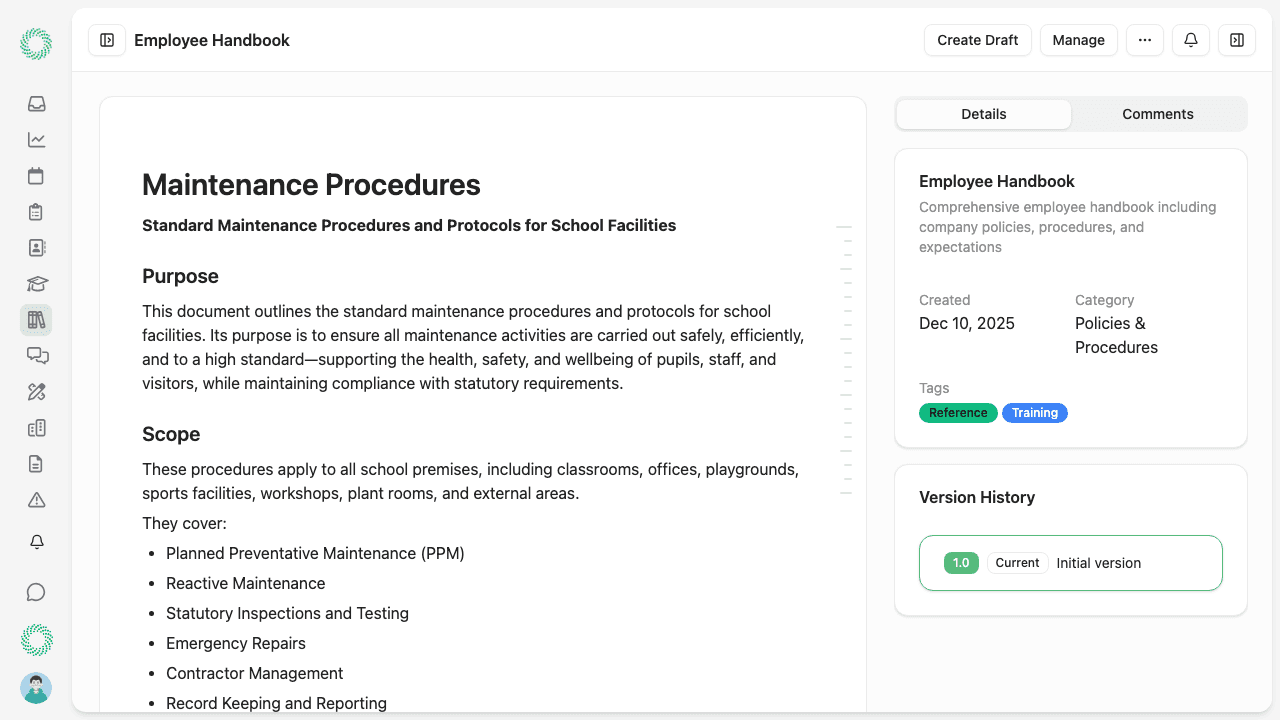 Document detail showing policy with e-signature acknowledgements and linked records