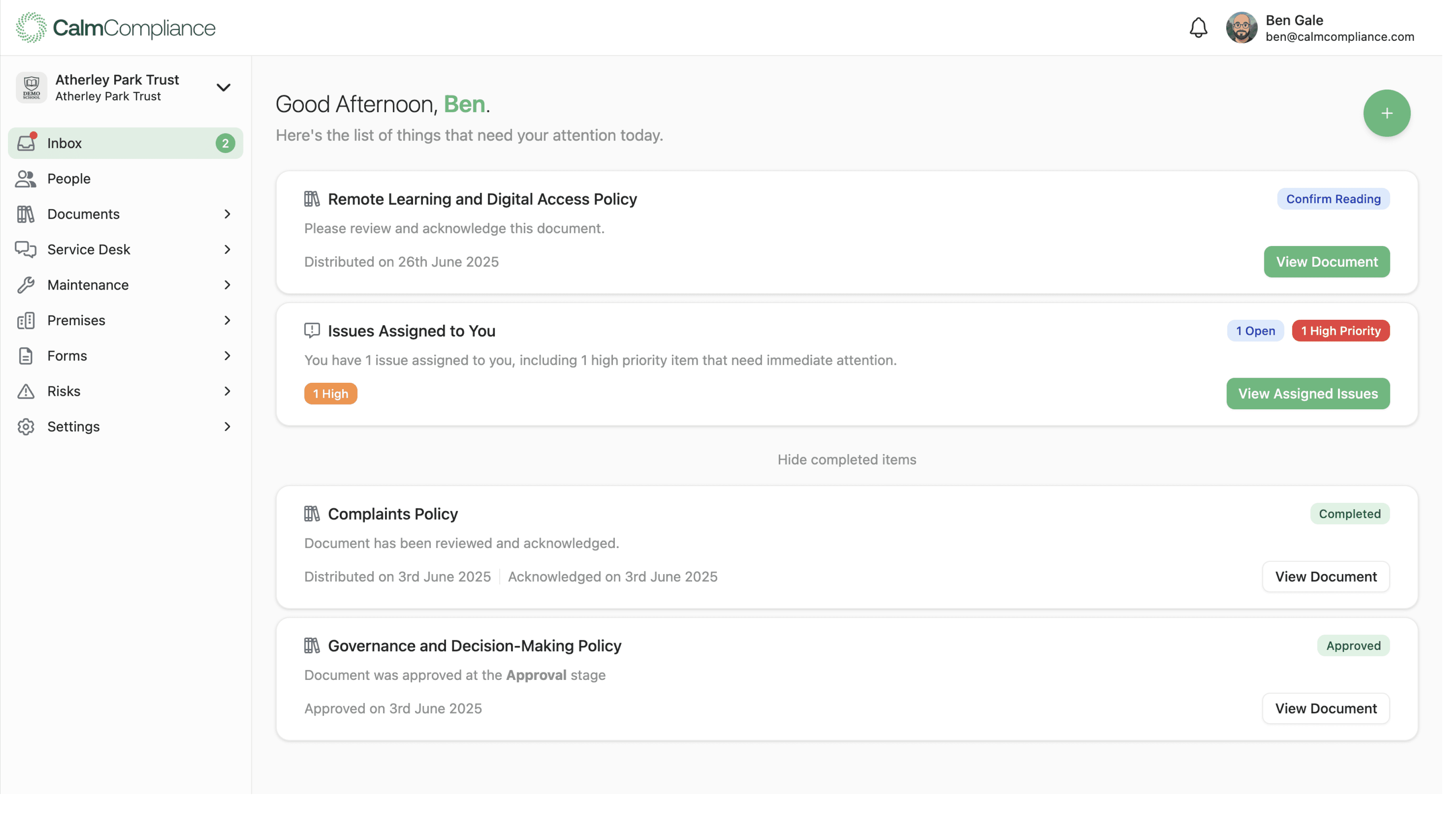 Education compliance dashboard showing multi-academy trust management