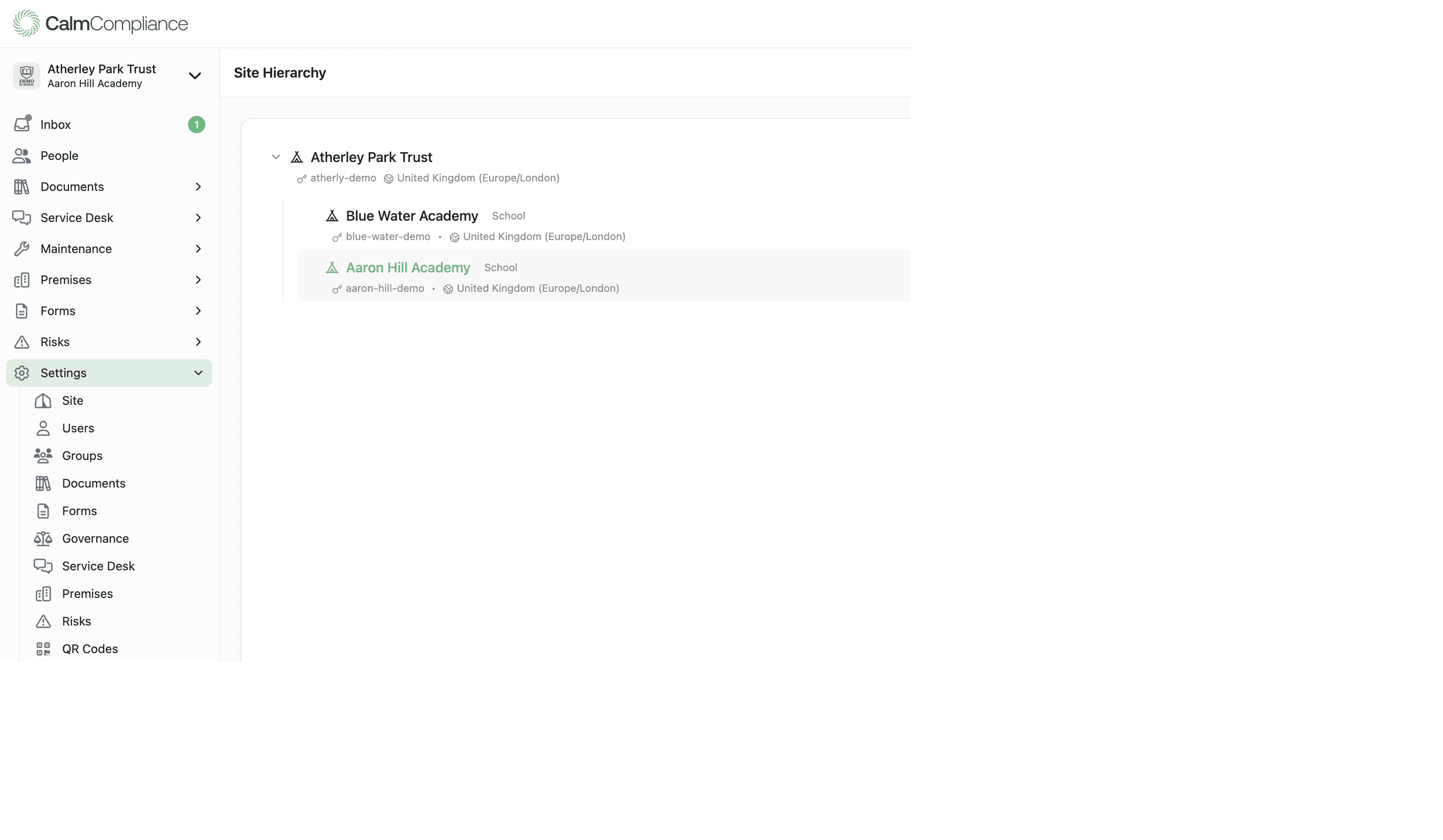 Multi-academy trust dashboard showing centralized oversight with site-specific detail