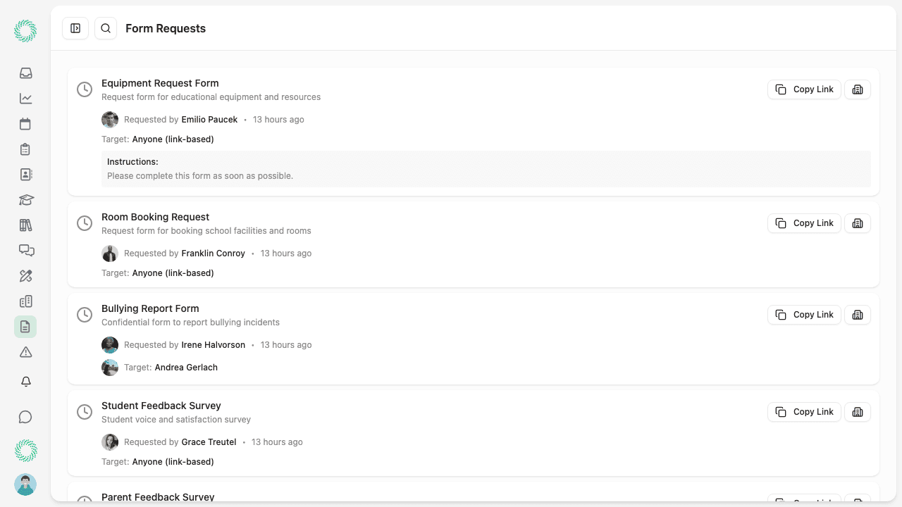 Form distribution dashboard showing assignments and completion tracking