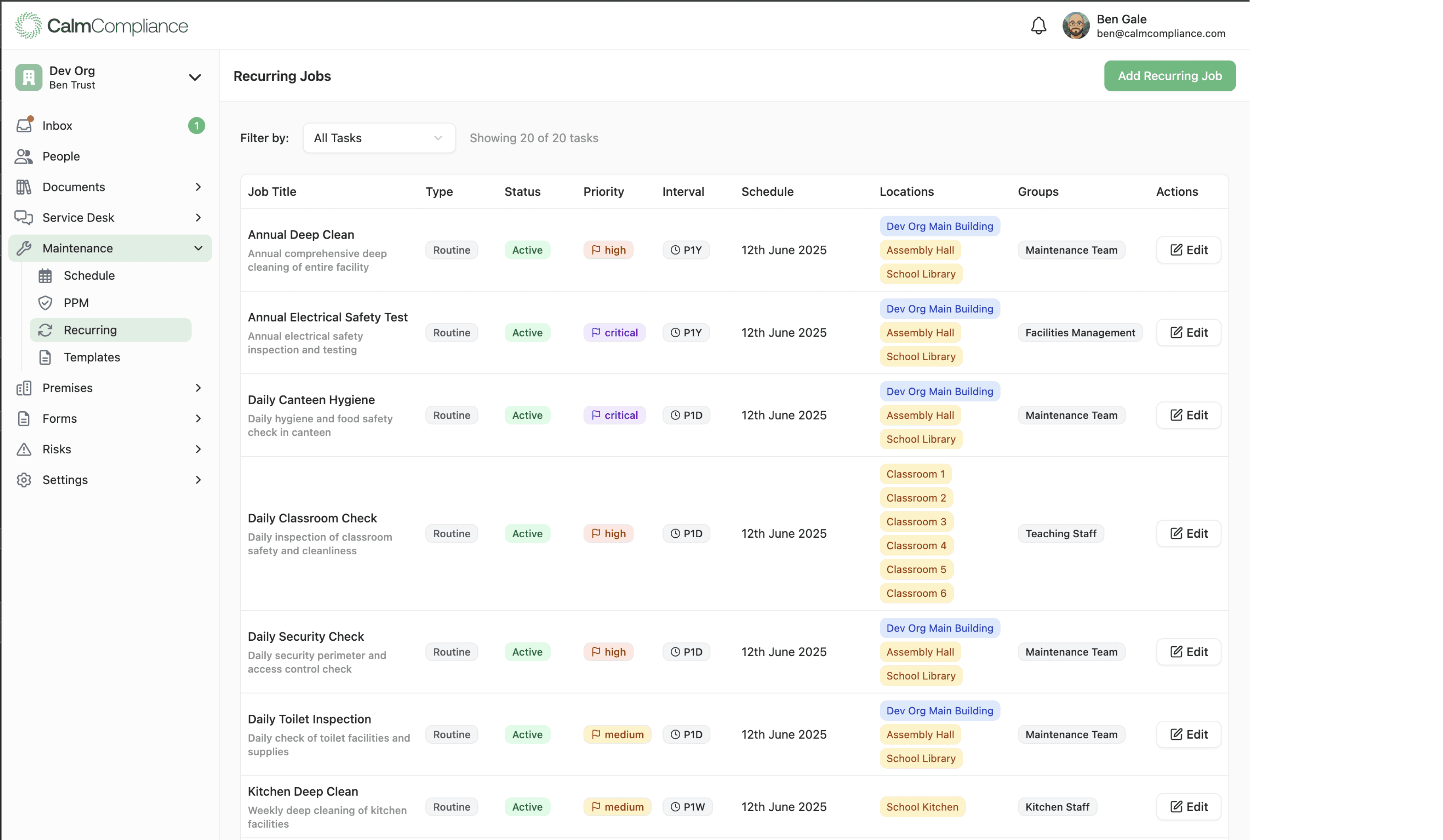 CalmCompliance dashboard showing connected compliance workflow