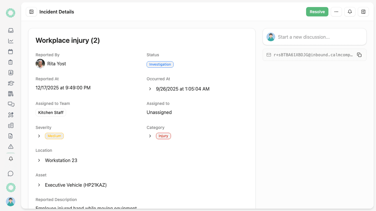 Incident reporting dashboard showing structured investigation workflow