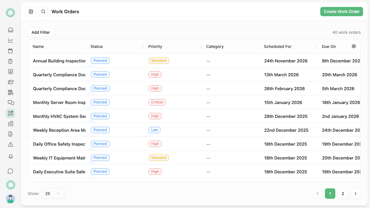 Planned maintenance schedule created from asset record, showing recurring work orders