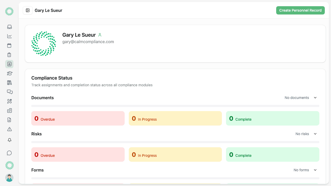 New staff member profile with onboarding checklist and compliance status