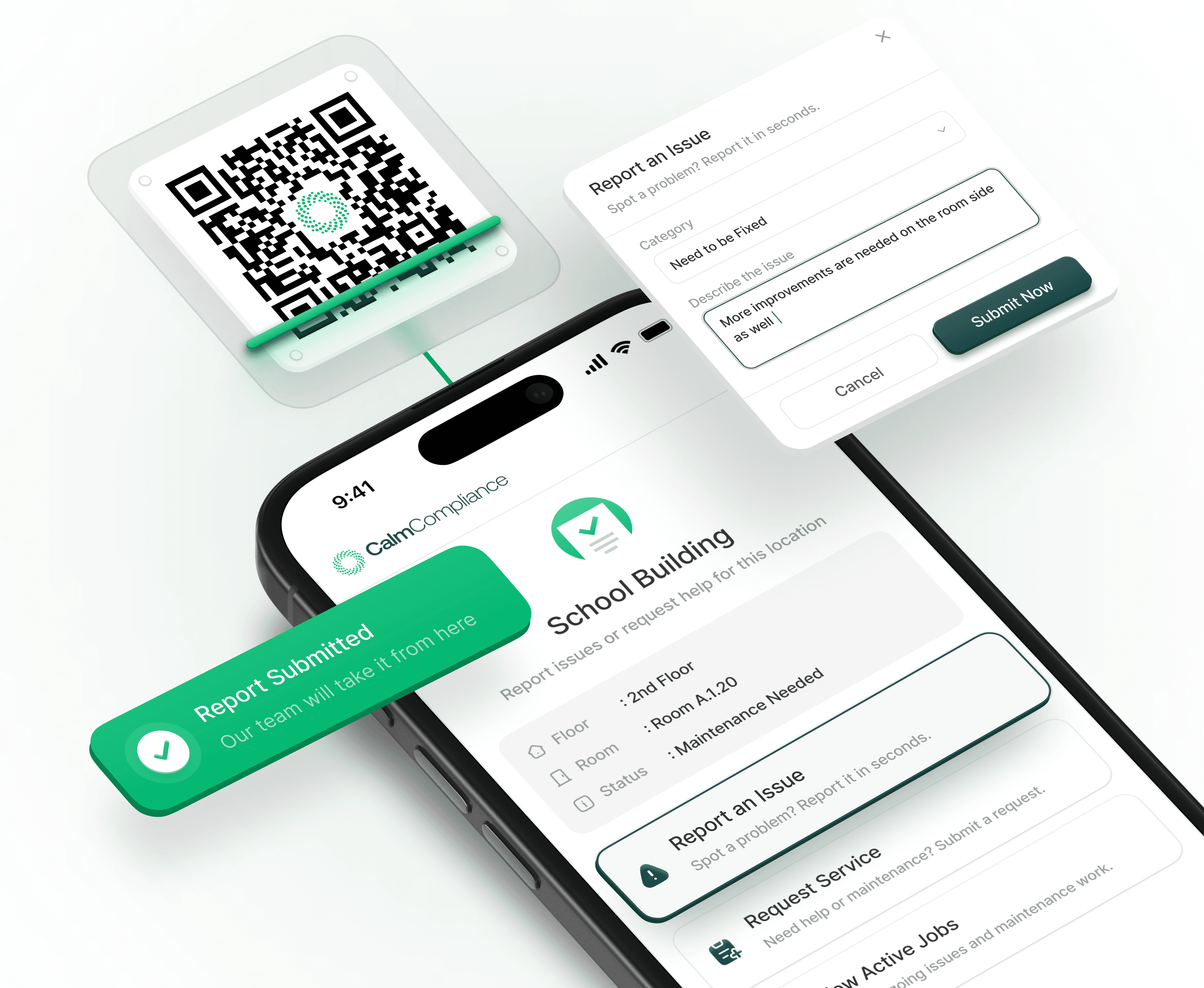 QR code scanning interface showing instant issue reporting from site
