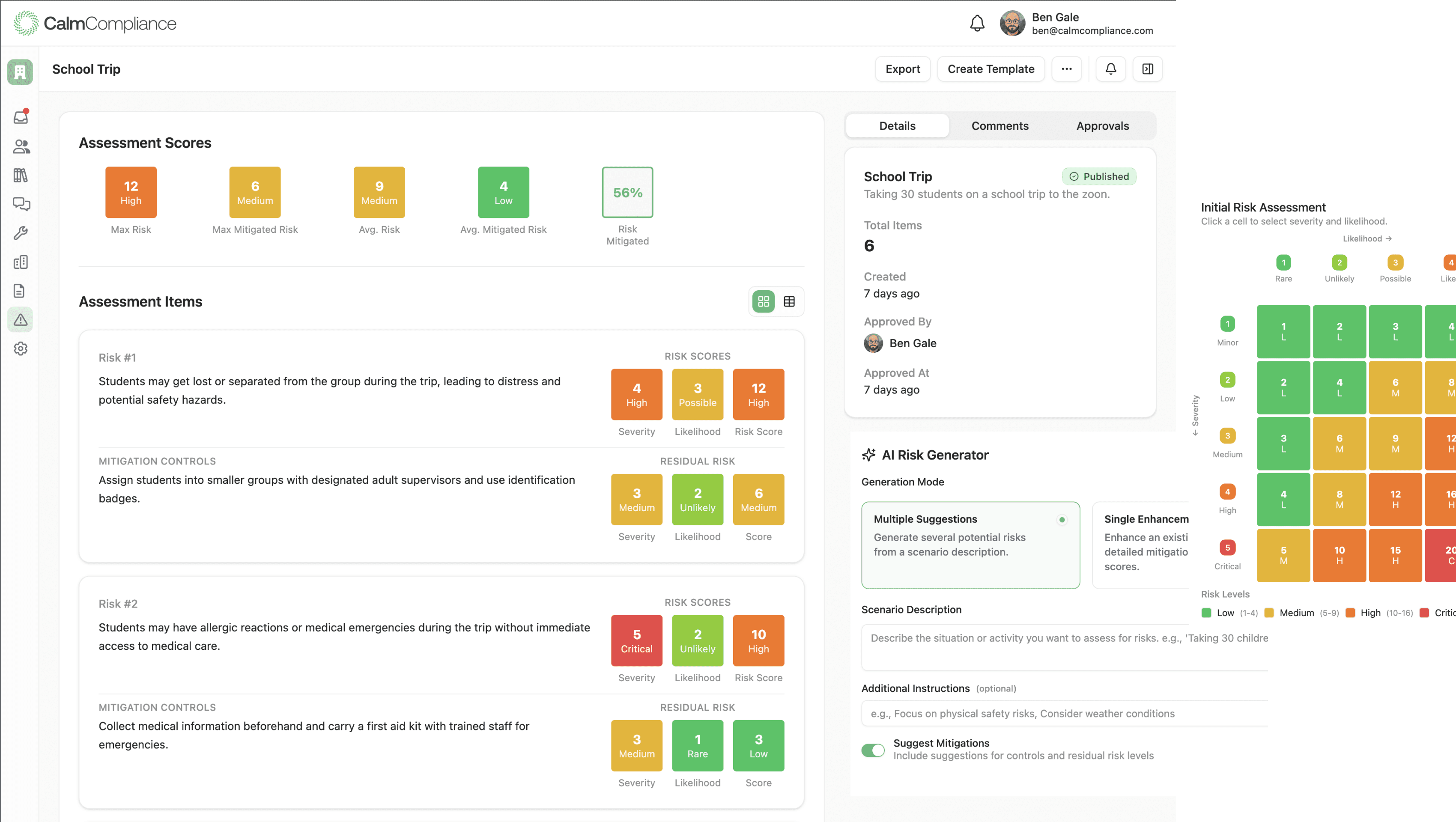 Risk assessment dashboard with analytics and reporting tools