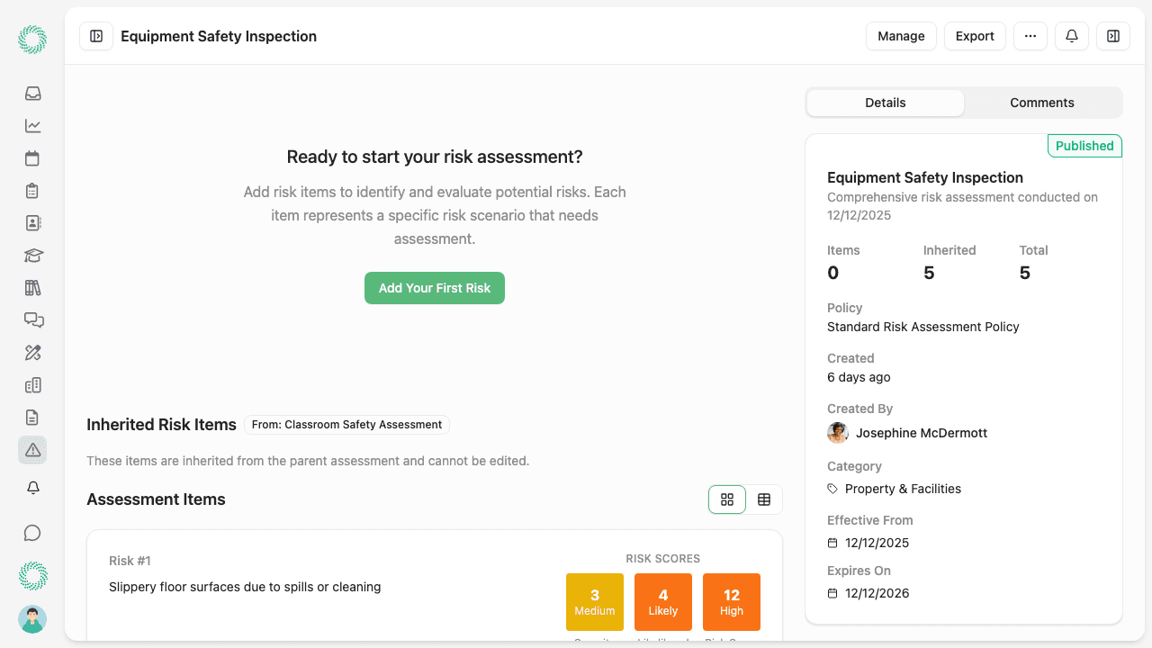 Risk assessment detail showing current status, review dates, and acknowledgements