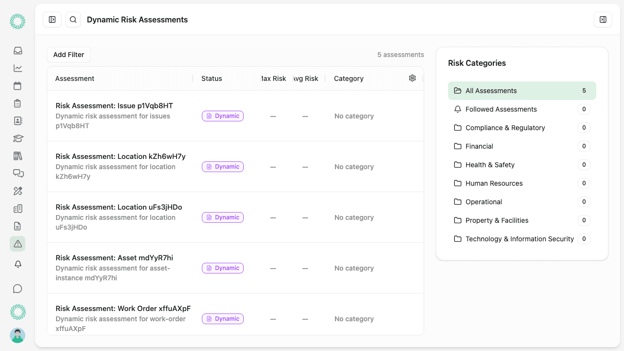 Risk assessment creation showing structured risk items and scoring matrix
