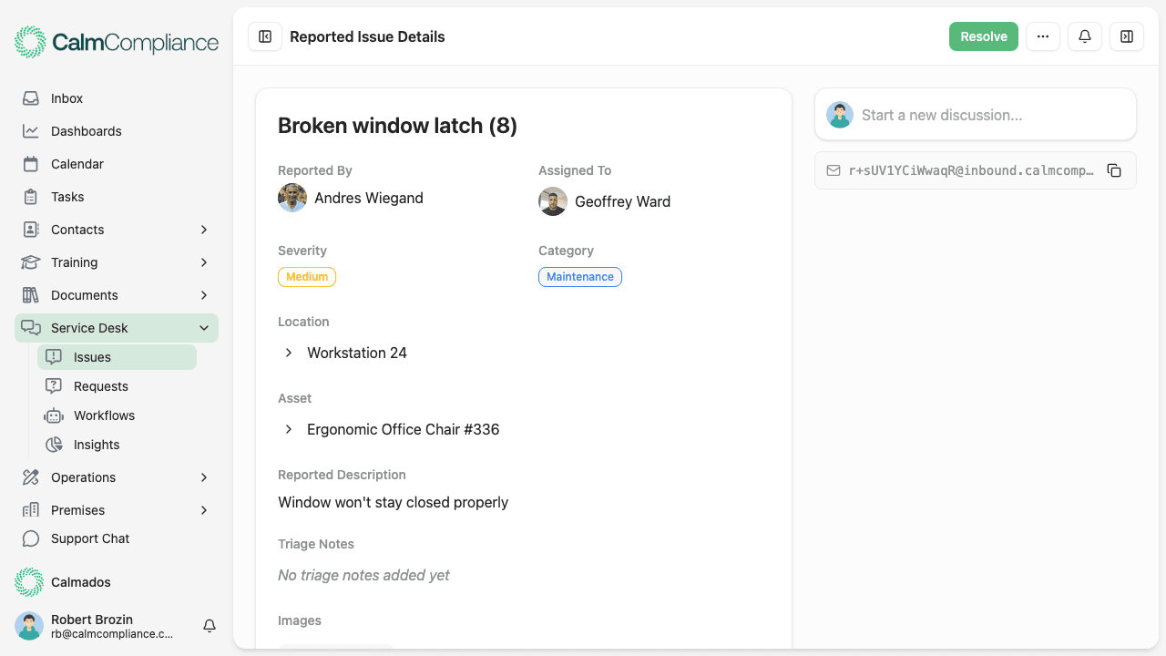 Issue detail view showing comprehensive tracking and resolution workflow