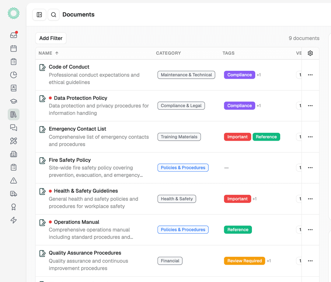 Document library showing policies and controlled documents in a searchable list