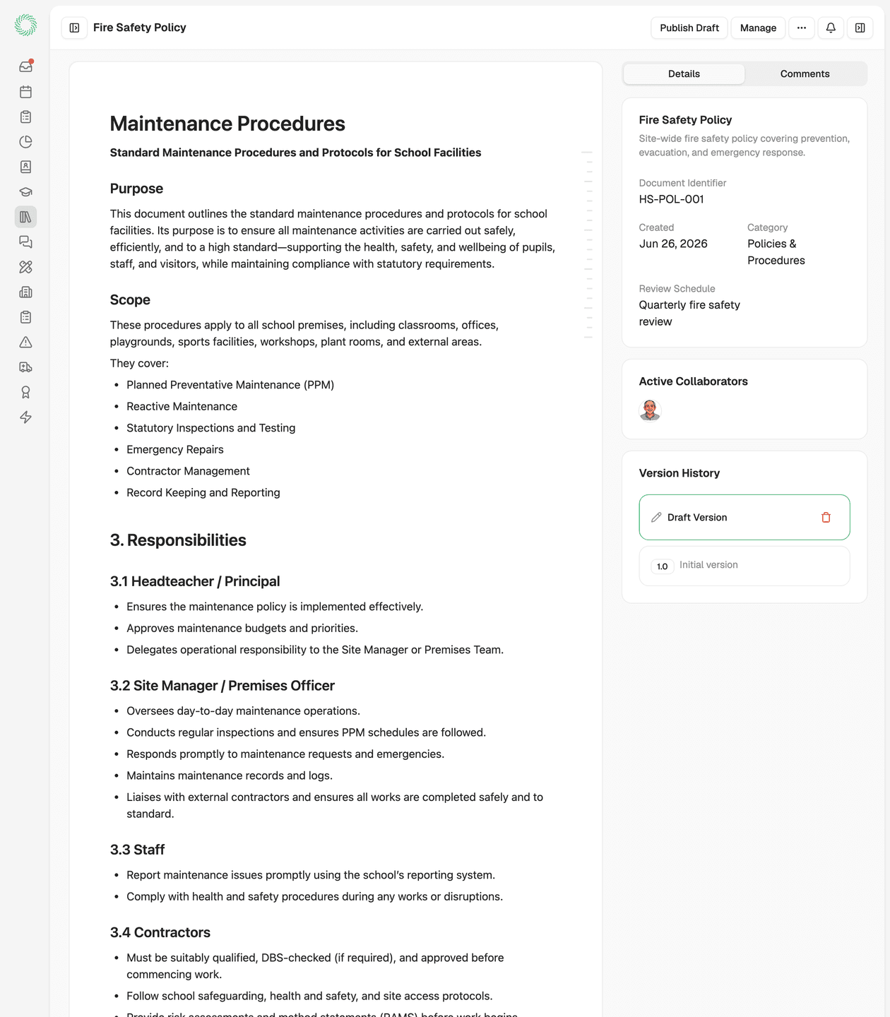 Document editor with formatting and structured content in the platform