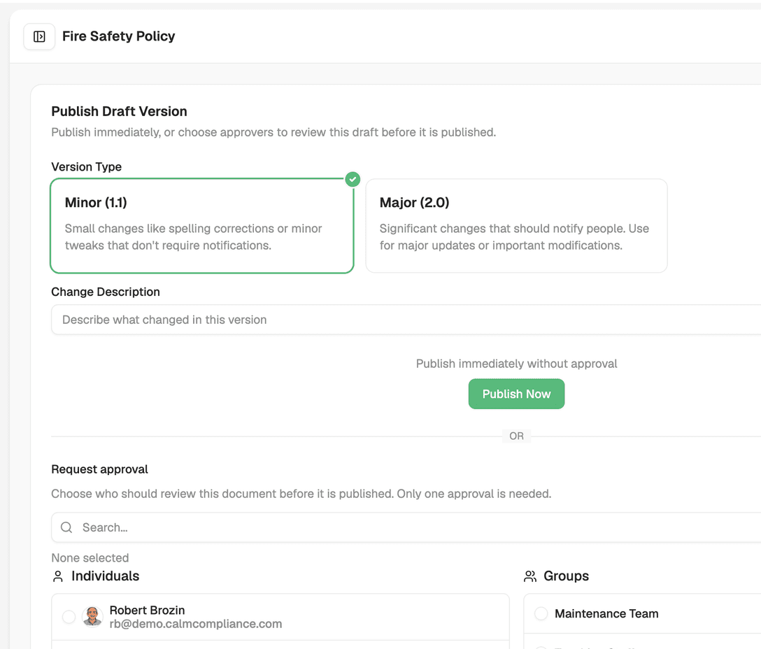 Publish draft version dialog showing major or minor version choice for a controlled document