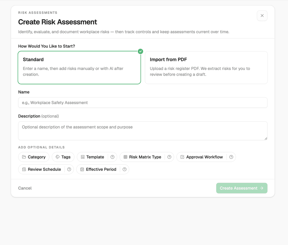 Dynamic risk assessment and AI PDF import populating risk items automatically