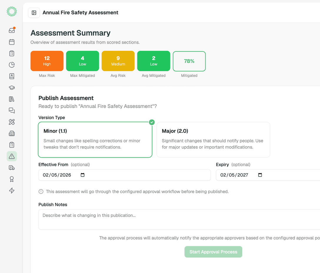 Configurable risk matrix dimensions and a multi-stage approval workflow on an assessment
