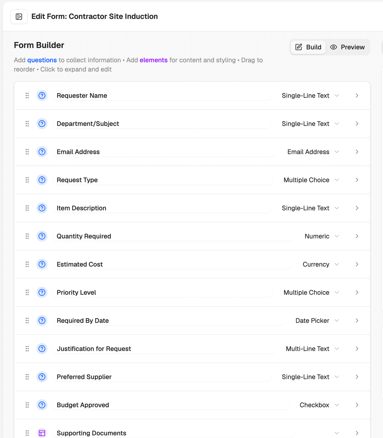 Form builder showing sectioned form design with scheduling options