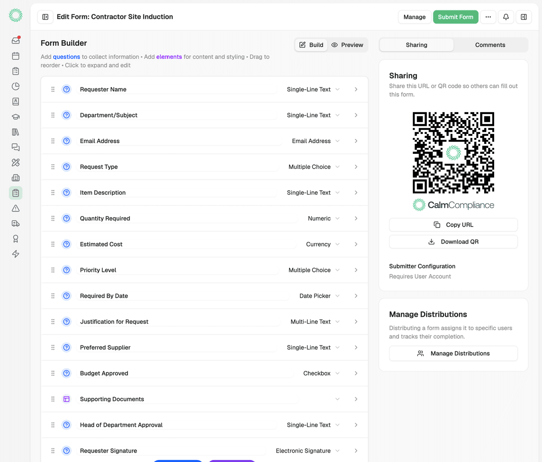 Form builder showing field types and layout options