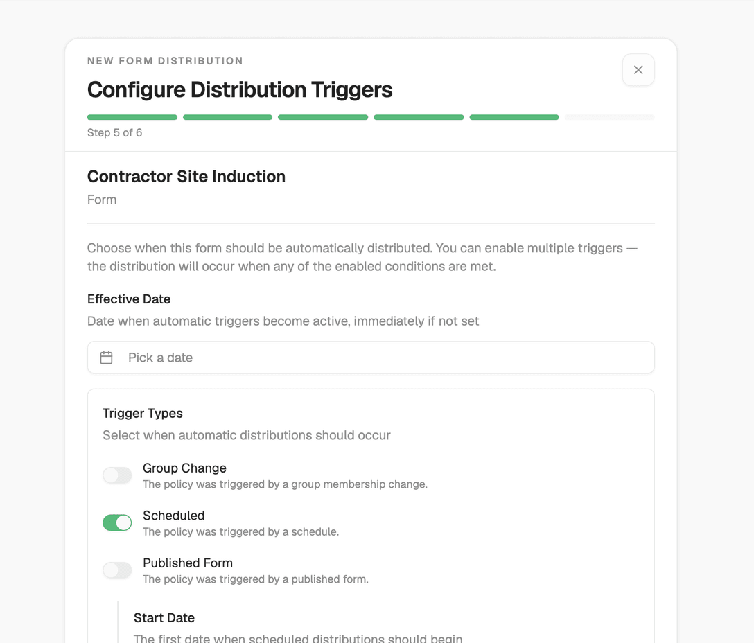 Form scheduling settings showing recurring capture configuration