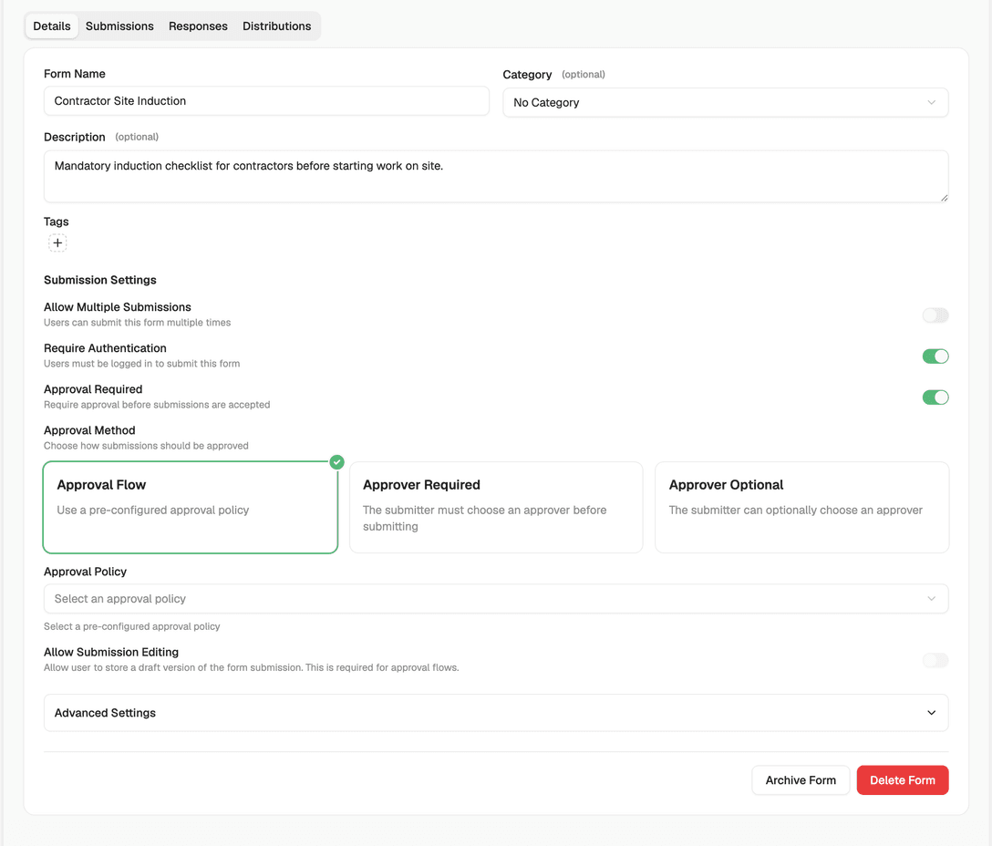 Form submission moving through approval stages with sign-off recorded