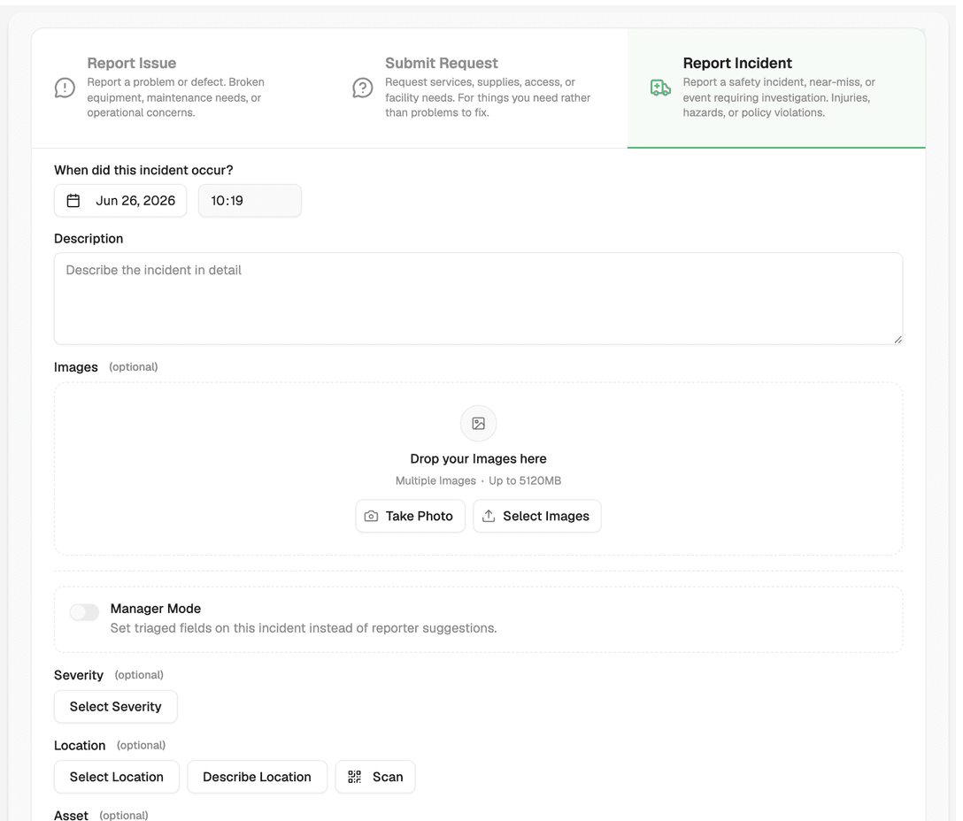 Incident reporting interface for logging near-misses on site