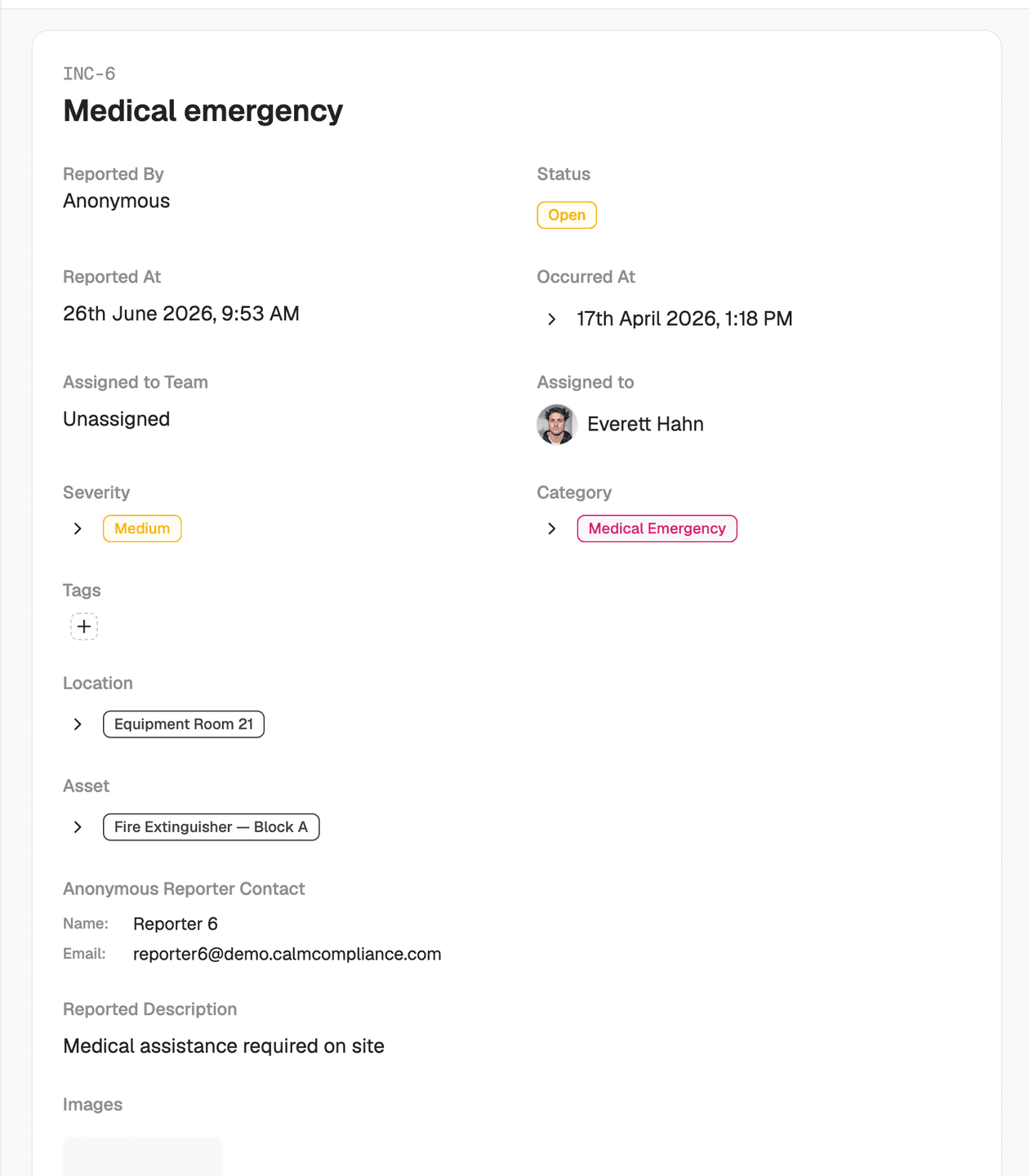 Incident detail showing people, location, and follow-up actions