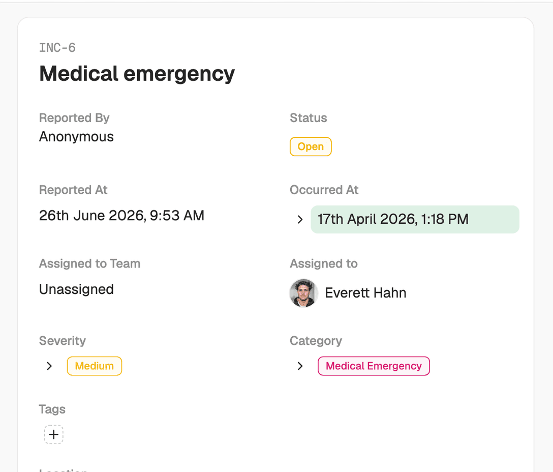 Incident detail showing people and location linked to the record