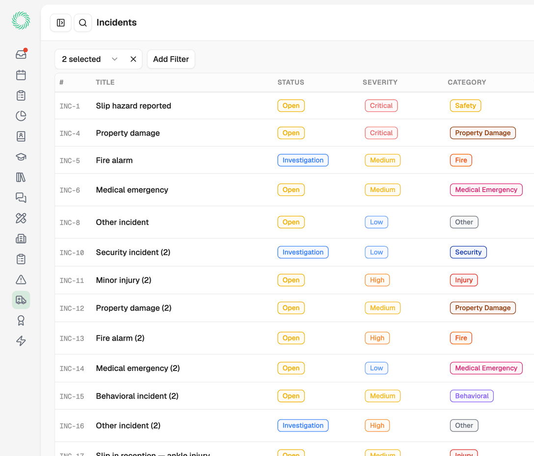 Incident list showing status and workflow from open to resolved