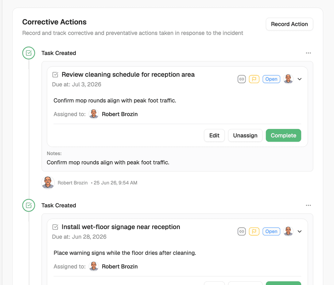 Incident follow-up actions assigned and tracked to resolution