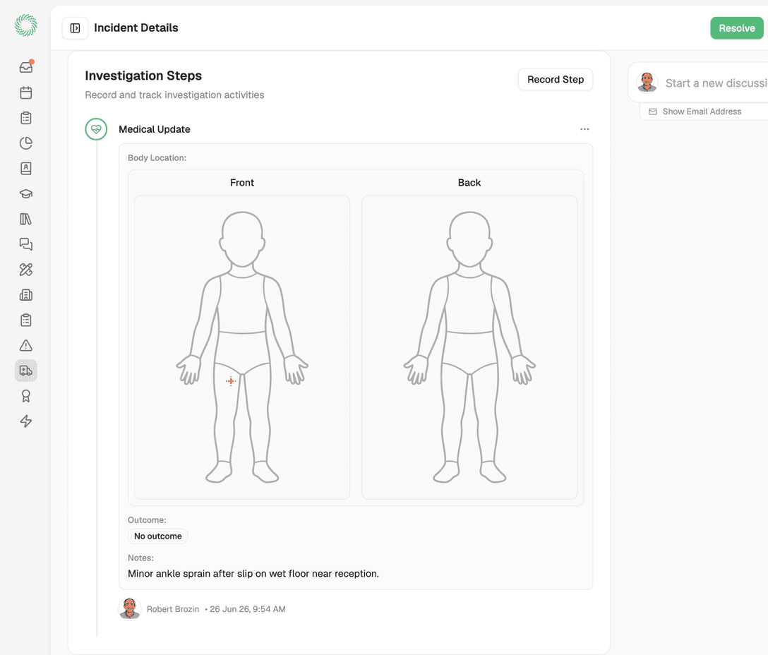 Incident record showing a medical body map for capturing where an injury occurred