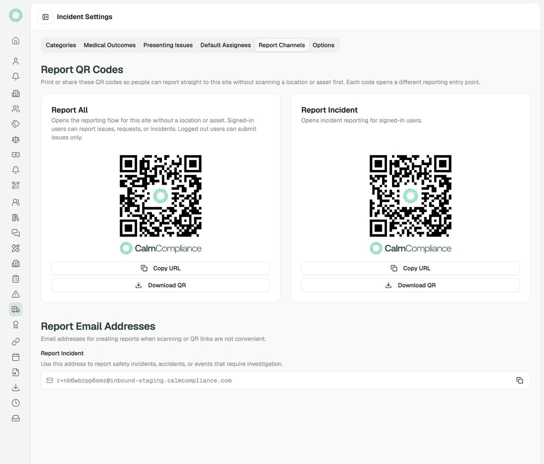Reporting an incident by scanning a QR code or by inbound email