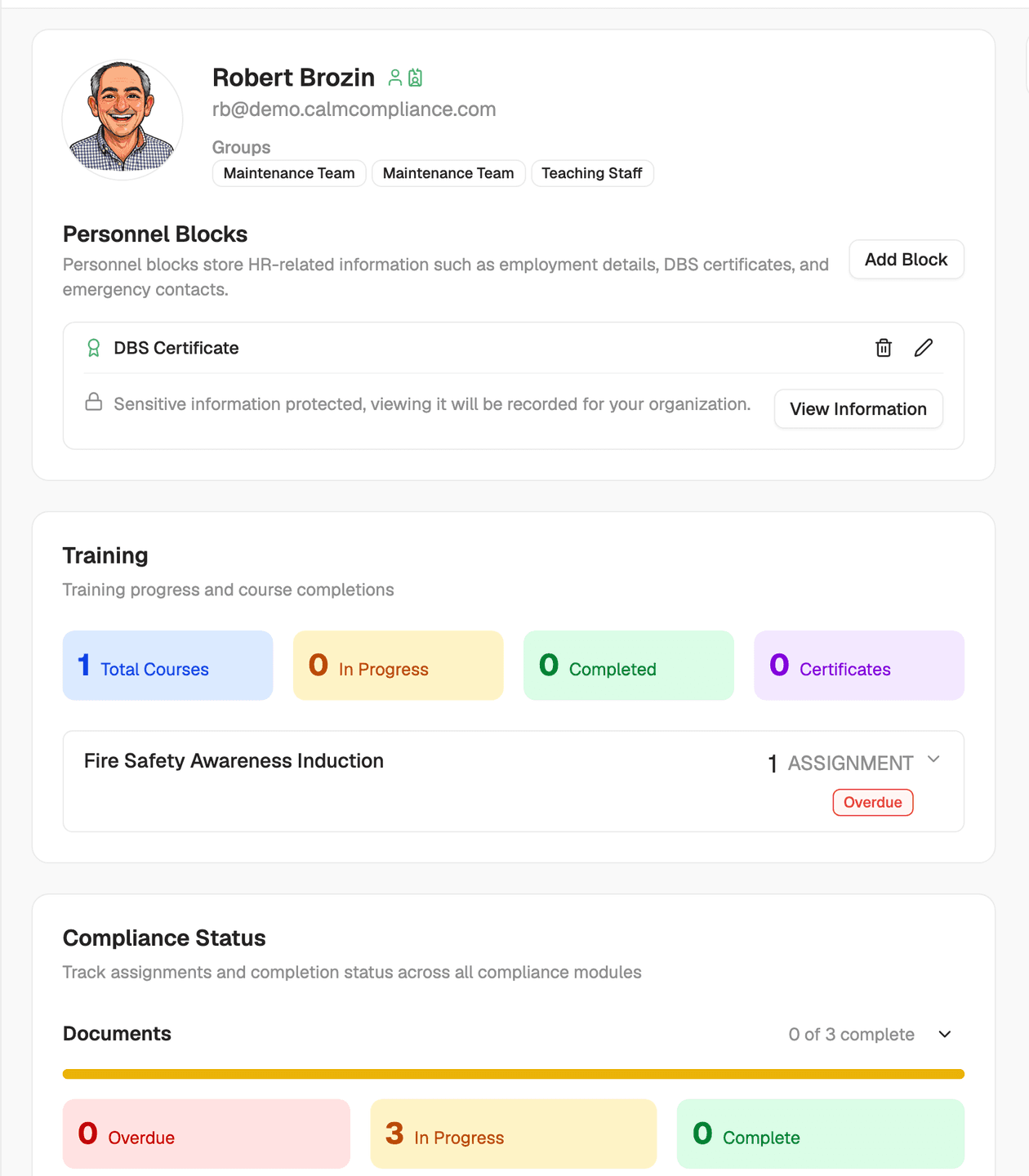 Staff profile showing personnel records, training completion, and competence status