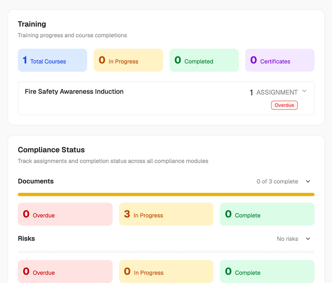 Personnel record showing tracked credentials such as right-to-work and first-aid with expiry dates