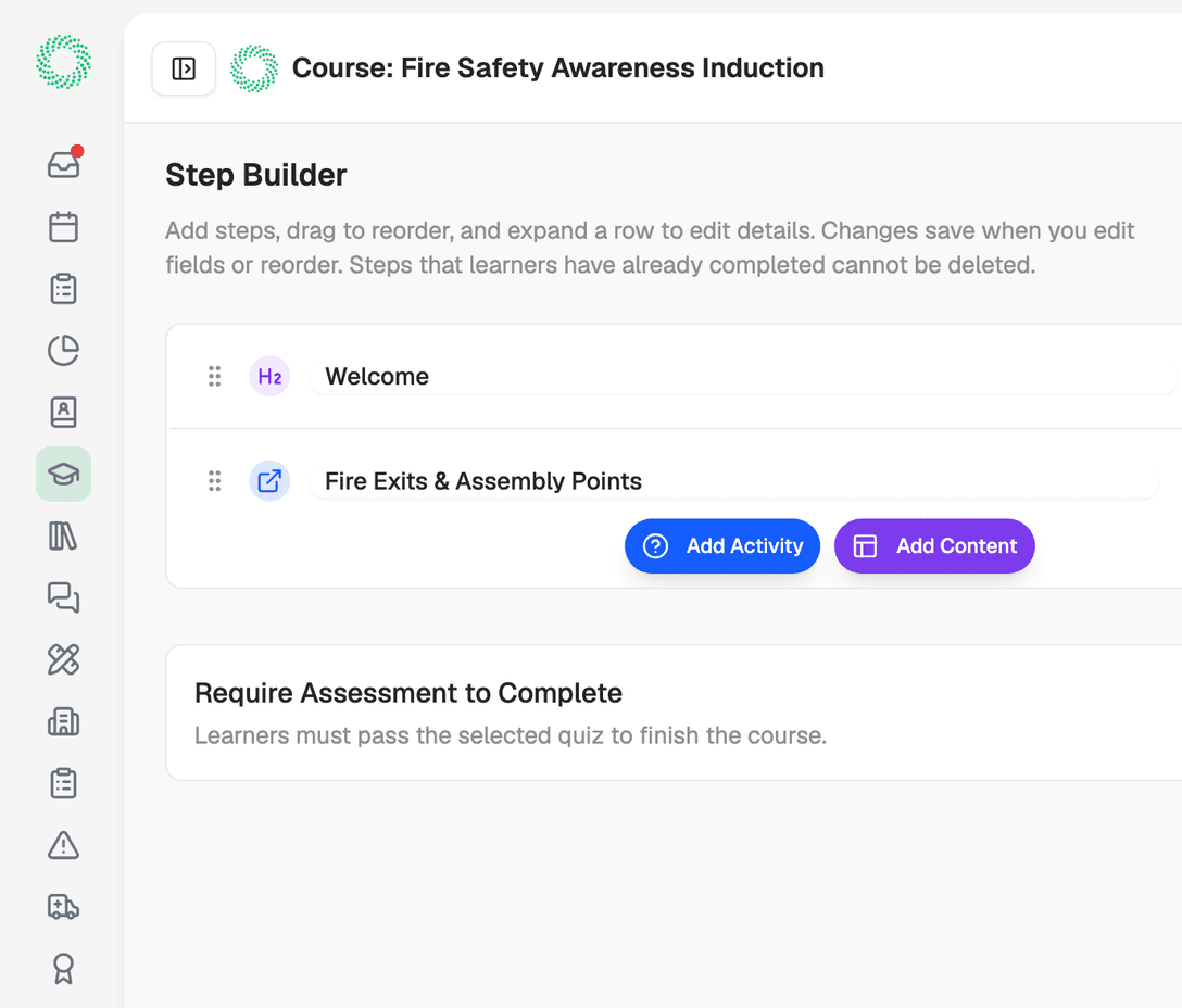 Course builder with video and document links in a training course