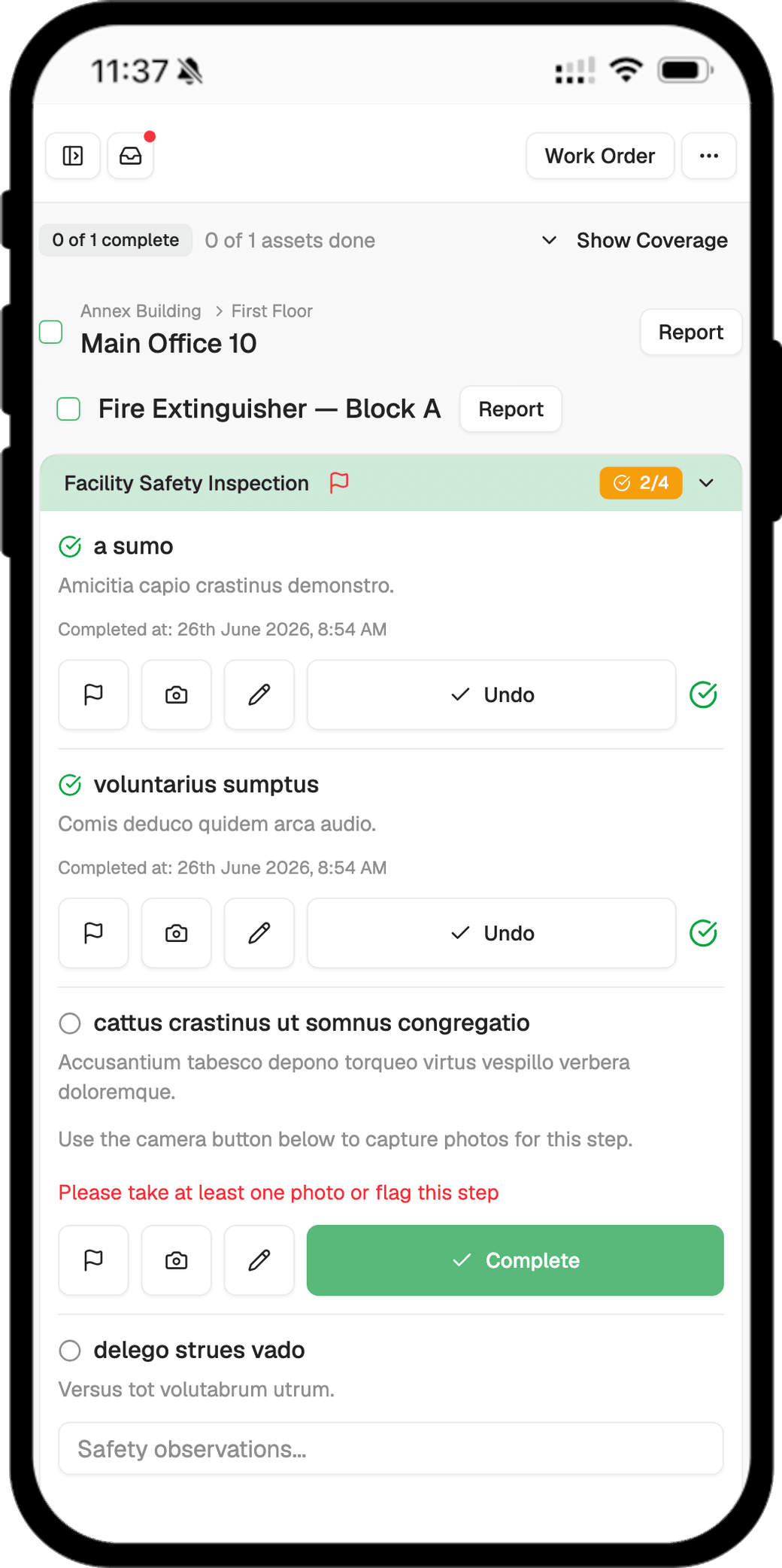 Inspection checklist being completed on a mobile device