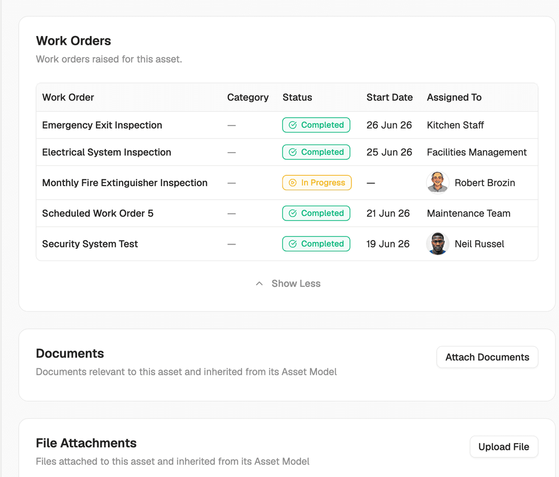 Completed job history on an asset showing activity timeline