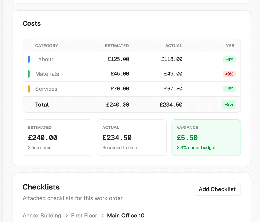 Work order showing cost line items, parts and labor time