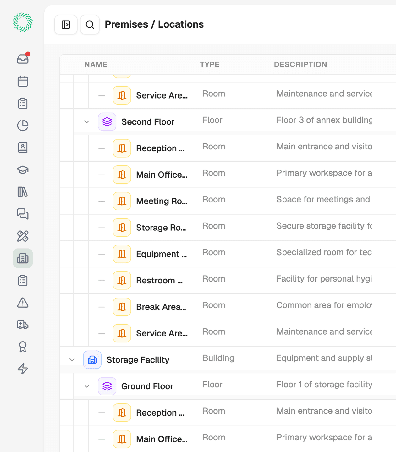 Asset management dashboard showing sites, buildings, rooms and equipment in a structured hierarchy