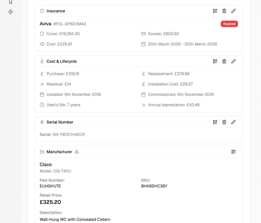 Asset type detail with warranty, insurance and supplier fields