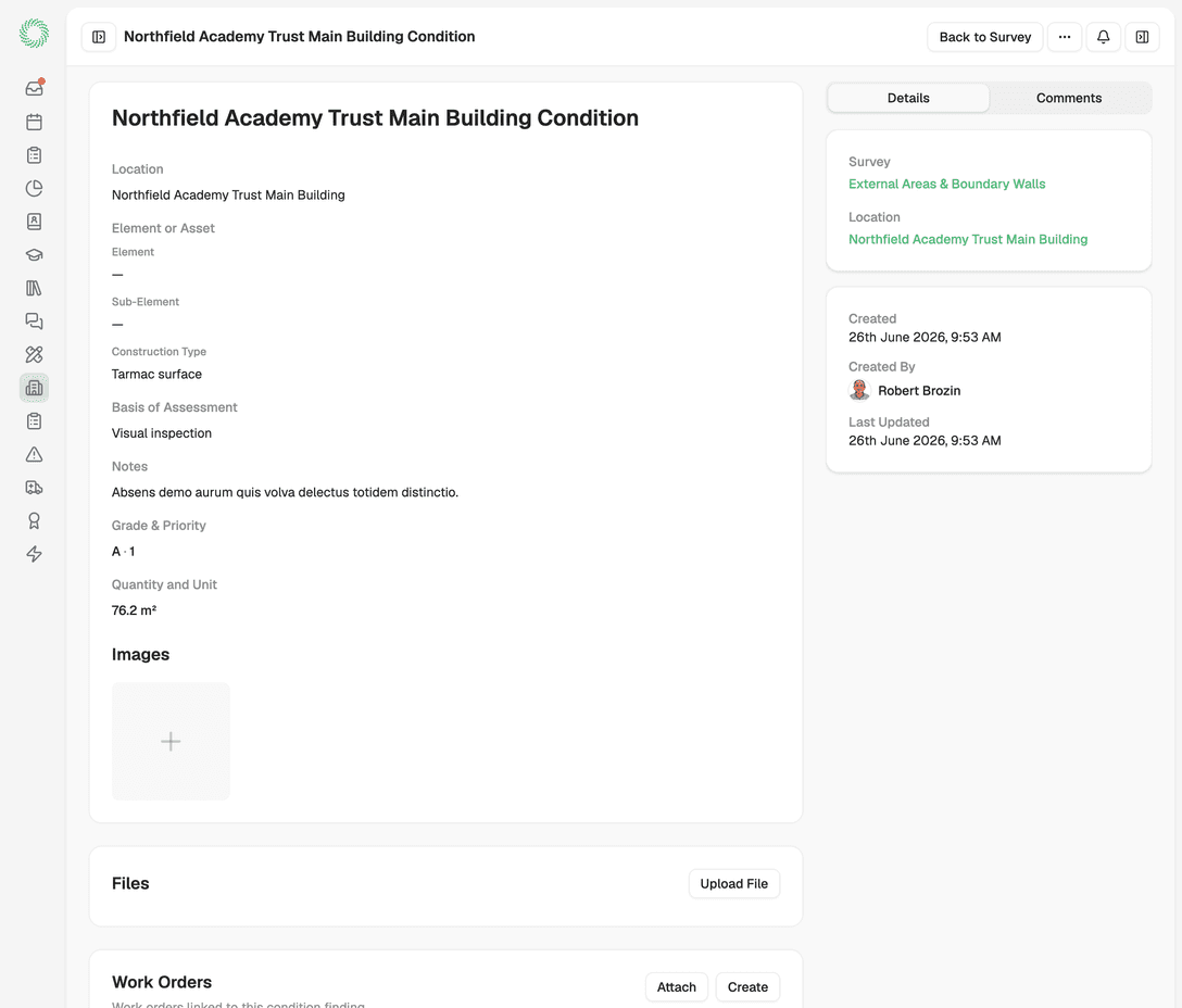 Condition survey showing graded findings, priority ratings and a work order raised from a finding